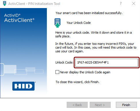PIN Initialization dialog with the unlock code displayed.